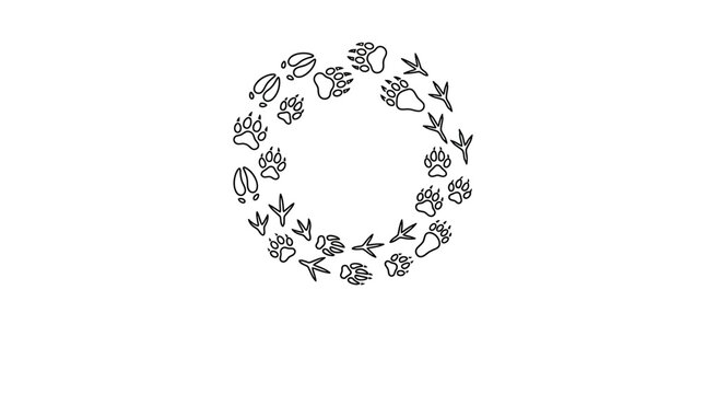 Circular wreath made of various animal paw prints and bird tracks.