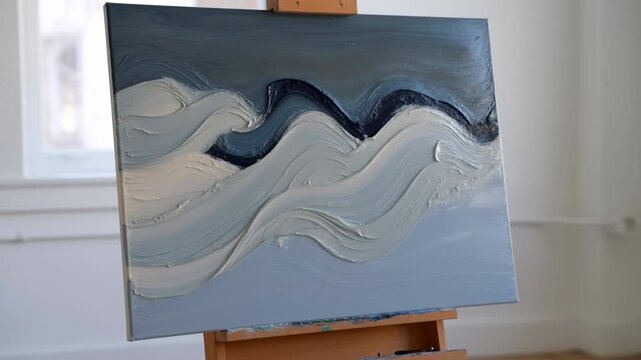 serene and artistic abstract paintings displayed in a natural light art gallery or studio with wooden easels and canvas in white and blue tones, front-facing view.