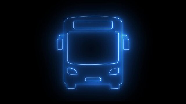 Glowing blue color neon school bus icon isolated on black background. Public transportation symbol. 4K 