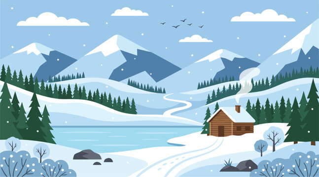Flat vector illustration of a cozy wooden cabin nestled within a serene snowy winter mountain landscape during a snowfall