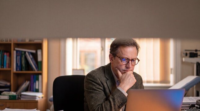 A thoughtful middle-aged man with glasses wearing a tweed jacket sits at his desk, intently focused on a laptop screen, with bookshelves filled with study materials in the background.