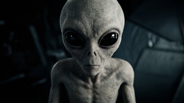 A close-up, cinematic portrait of a mysterious alien, with its large, dark eyes and distinctive grey skin, evokes a sense of cosmic intrigue and the unknown.