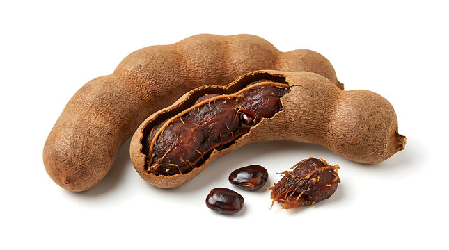 Fresh tamarind pods with exposed brown pulp and seeds isolated on a clean white background