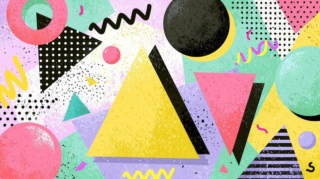 Memphis style 80s pop art background with colorful geometric shapes and grunge texture