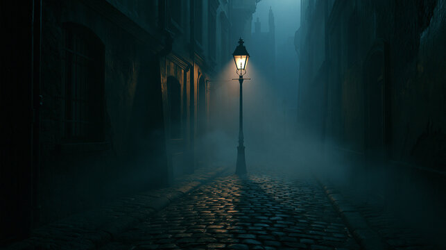Dimly lit narrow cobblestone alley in a European old town with single vintage street lamp and thick fog at night