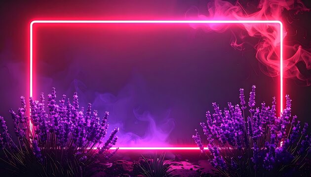Neon rectangle frame with purple smoke and glowing lavender plants, futuristic vibrant backdrop