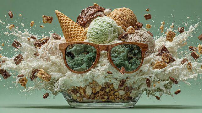Creative ice cream dessert with cone, sunglasses, nuts, chocolate bits, and flour explosion in a glass bowl
