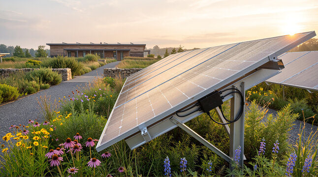 Modern solar panels surrounded by wildflowers showcasing sustainable renewable energy and clean green technology