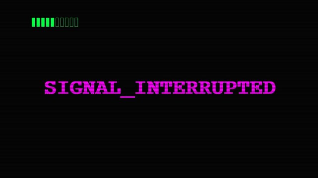 Signal interrupted error message, colorful text display with fading signal bars, black background, symbolizing technology failure and communication disruption, representing error and loss