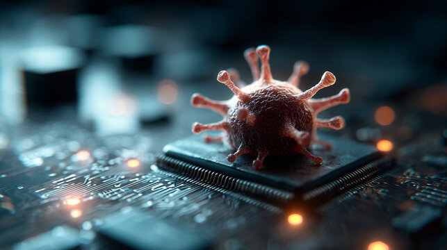 Microscopic virus particle model resting on a computer circuit board