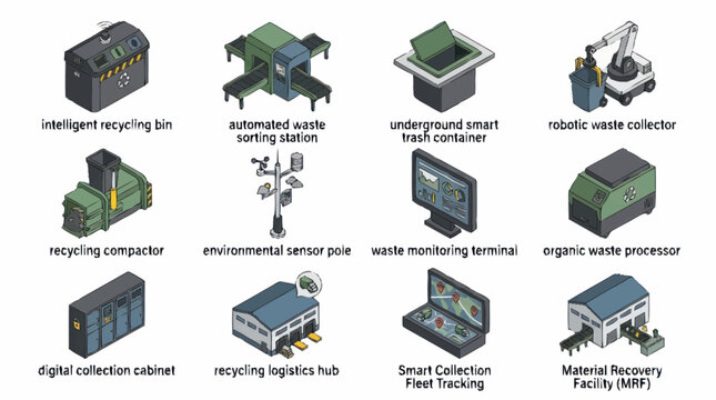 Industrial waste management and recycling technology icons.