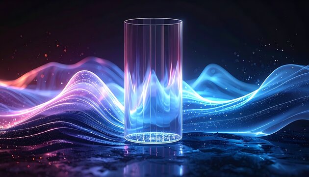 Transparent glass cylinder containing abstract glowing blue and pink digital waves, data streams, futuristic technology, energy flow, sci-fi concept