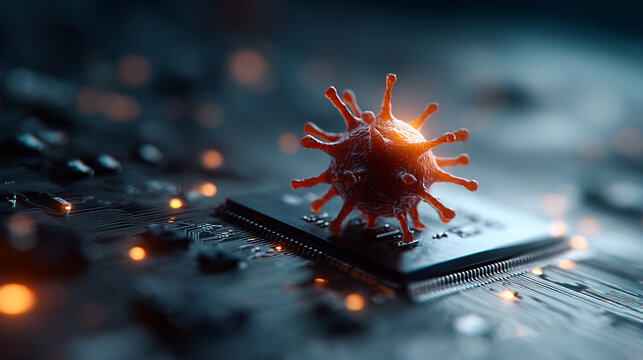 Conceptual 3D rendering of a virus on a circuit board background with microchip