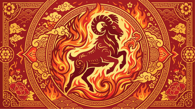 Stylized vector illustration of a powerful ram zodiac sign surrounded by vibrant swirling flames and intricate traditional asian decorative patterns