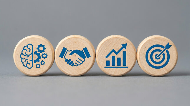 Business Concept Icons: Four wooden blocks symbolize core business concepts: innovation, partnership, growth, and achievement, presented with clear blue icons on a neutral gray background.