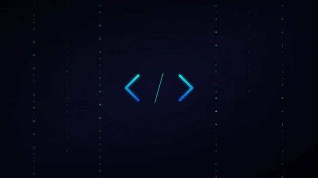 software code bracket icon with matrix style falling text