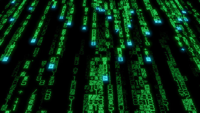 High-Detail Digital Tapestry of Bright Green and Blue Binary Code Lines on Black Background - Abstract Art for Technology, Data Visualization, and Digital Communication Applications