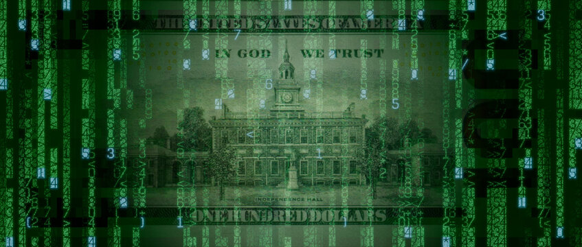 Digital Currency Concept with One Hundred Dollar Bill made up of Code. Cryptocurrency Finance Background.