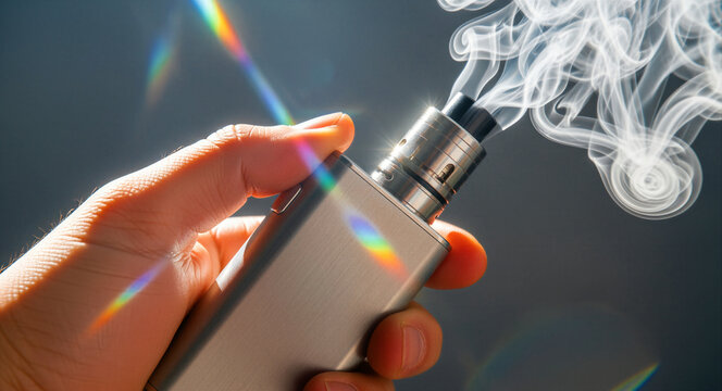 Hand holding a silver electronic cigarette device emitting thick vapor. Close up of a vape mod with smoke and lens flare. Vaping lifestyle concept for nicotine product marketing and smoking cessation.
