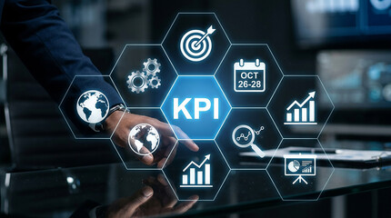 Fototapeta premium KPI Hexagon Network: A businessman's hand interacts with a digital interface displaying key performance indicators (KPIs) within a hexagonal grid, surrounded by icons representing data, goals.