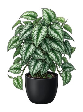 Lush scindapsus pictus houseplant in a black ceramic pot