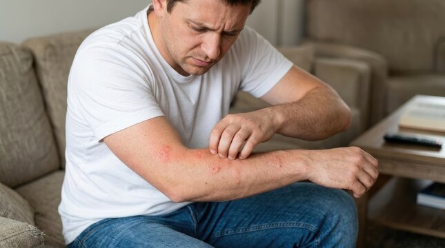 A man is sitting on a couch and scratching his arm. He appears to be in discomfort and is focused on his skin.