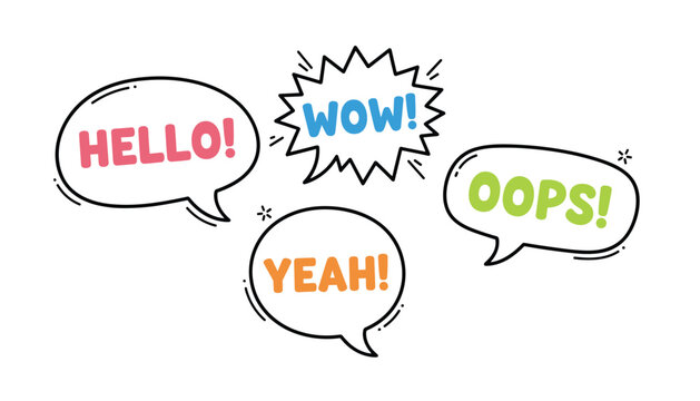 Hand drawn comic book style speech bubbles with playful words like hello, wow, yeah, and oops in bright colors.