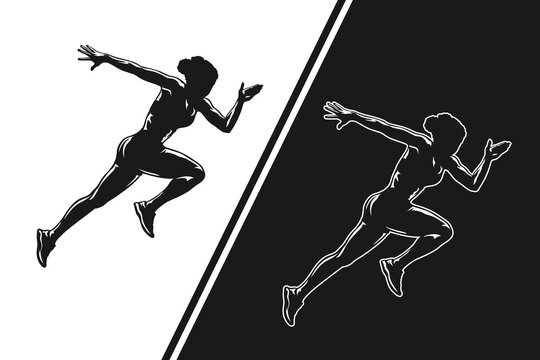 Black Female Sprinter Running Silhouette Vector Illustration in Dynamic Motion