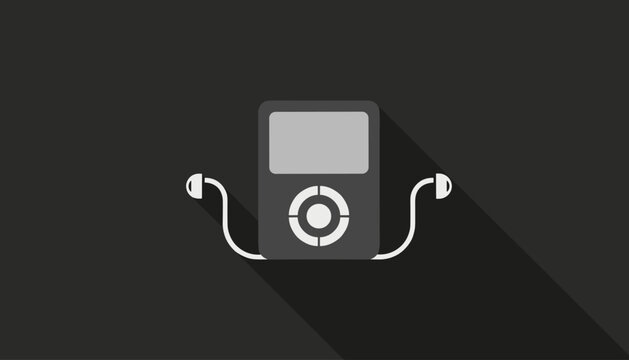 Classic portable MP3 music player icon with earphones and a sleek long shadow on a dark charcoal grey background.