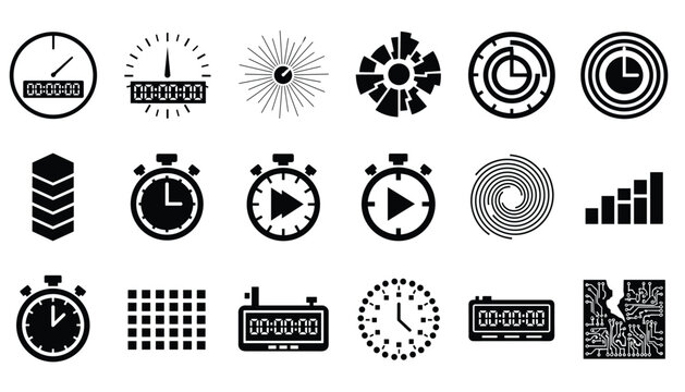 Set of eighteen black time, clock, and stopwatch measurement icons for simple schedules and countdown planners.
