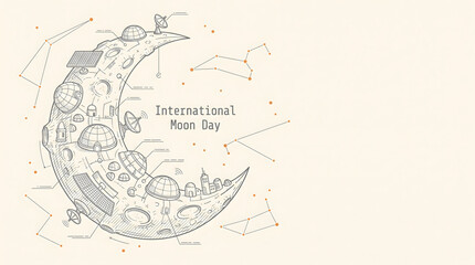 Obraz premium Crescent moon with lunar colony. International Moon Day illustration. Space exploration concept.