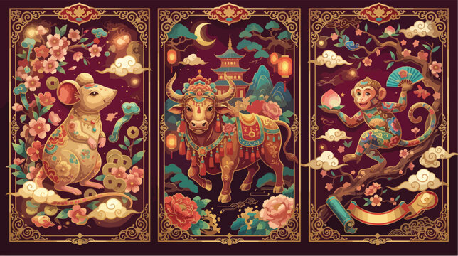 Decorative vector illustration set featuring three traditional chinese zodiac animals including a rat an ox and a playful monkey character