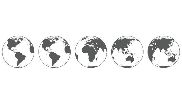Line of five globes in a row showing earth rotation angles in black and white against a clean backdrop.