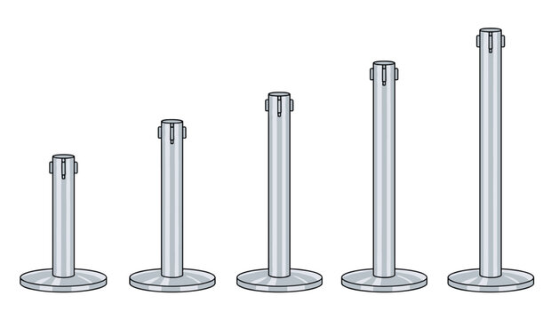 Five shiny metallic crowd control stanchions lined up in order of increasing height against a white background.