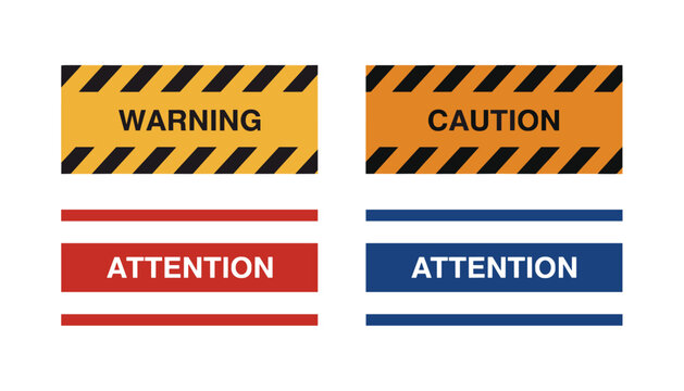Four warning and hazard signs featuring striped caution ribbons and prominent attention labels in yellow, red, and blue.