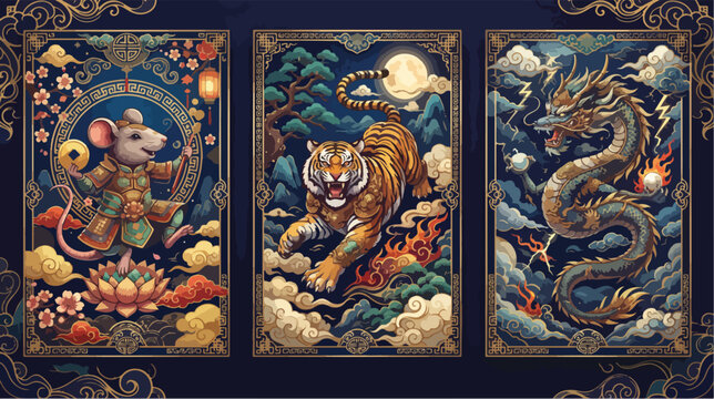 Traditional chinese zodiac vector illustration featuring a majestic mouse tiger and dragon set within intricate ornate golden rectangular decorative frames