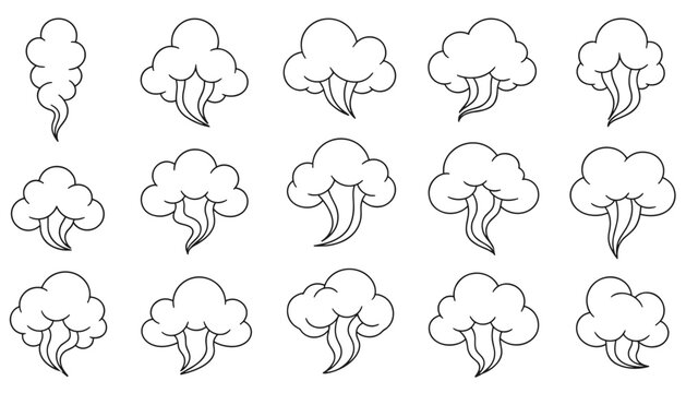 Collection of hand drawn smoke puffs and steam clouds in simple black line art style against a white background.