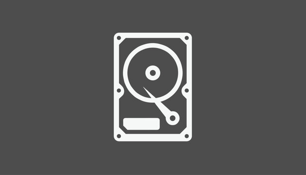Detailed white icon representing a computer hard disk drive, shown centered on a solid dark grey background.