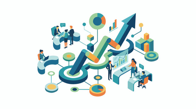 Isometric business people analyzing charts and data