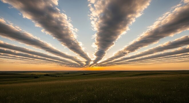 Radiatus Clouds Formed During Sunset Over a Grassy Field