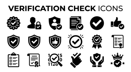 Fototapeta premium A collection of professional black verification check icons for digital security and quality assurance designs.