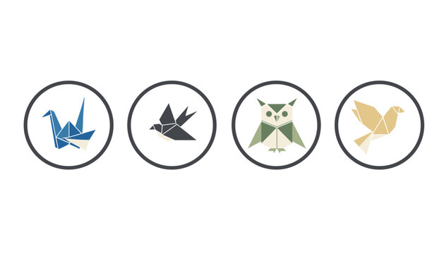 Origami bird icons collection showing four geometric paper fold birds inside thin grey circular borders.