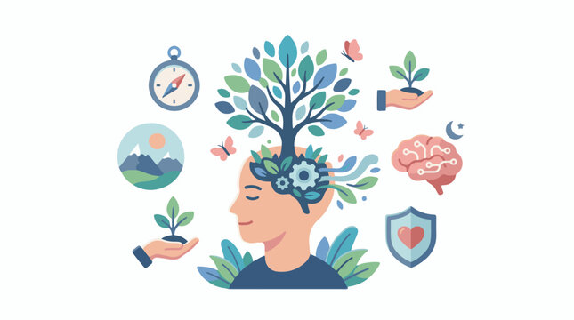 Human head with tree brain compass nature protection