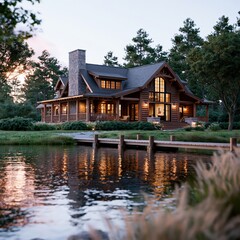 Fototapeta premium Luxury log house by the lake with warm lights reflecting on water, creating a tranquil evening scene