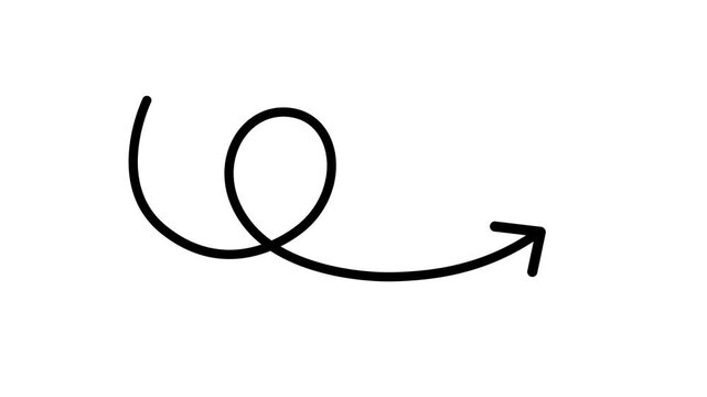 Black curly arrow hand drawn shape pointing left for direction, pointer, guide, navigation, Motion graphics of arrow concept