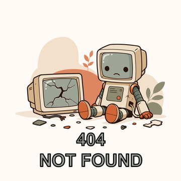 Robot 404 Not Found Error Page with Broken Retro Computer Cartoon Illustration for Web and App Browser