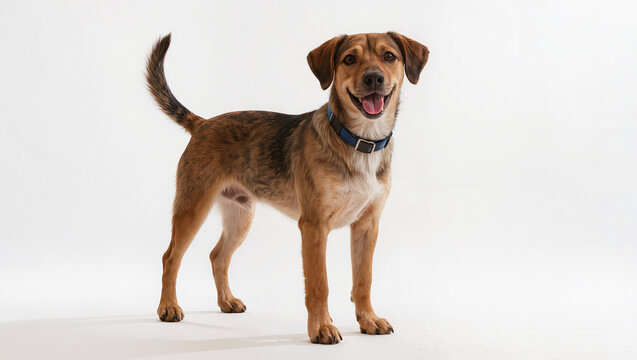 Plott Hound mix dog with brindle coat standing on white studio background