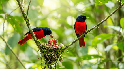 Obraz premium Two colorful birds feeding nestlings in green foliage