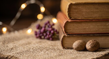 Naklejka premium A stack of vintage hardcover books rests on a burlap cloth next to whole nutmeg spices Thanksgiving Day