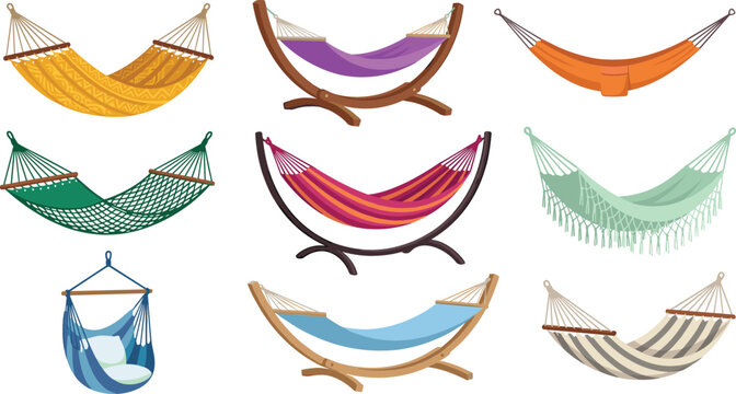 Comfortable hammocks and hanging chairs vector set featuring colorful fabric net swinging beds on wooden stands for backyard garden relaxation isolated on white background